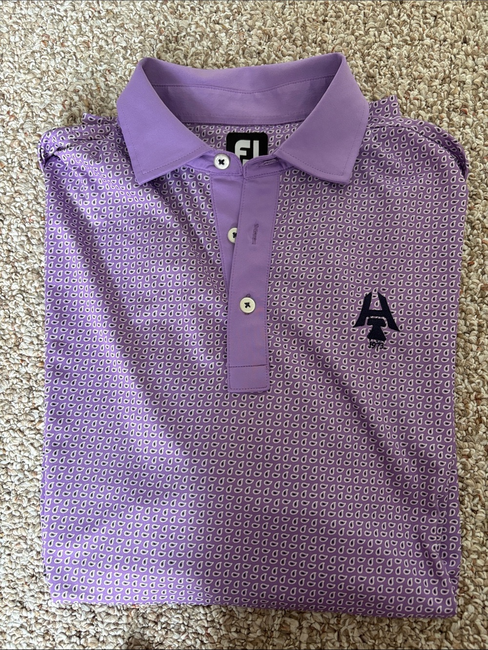 FJ FootJoy Golf Polo Mens Large Purple White Paisley Pattern Short Sleeve Shirt